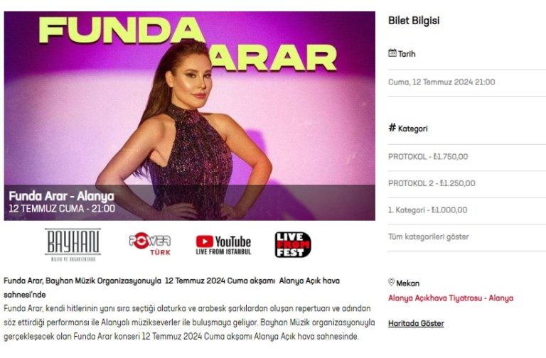 Funda Arar 12 Temmuz 2024 Cuma akşamı Alanya Açık hava sahnesi’nde – Konser